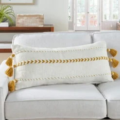 White And Mustard Braided Stripe Lumbar Pillow-Kirkland's Home Online