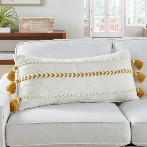 White And Mustard Braided Stripe Lumbar Pillow-Kirkland's Home Online