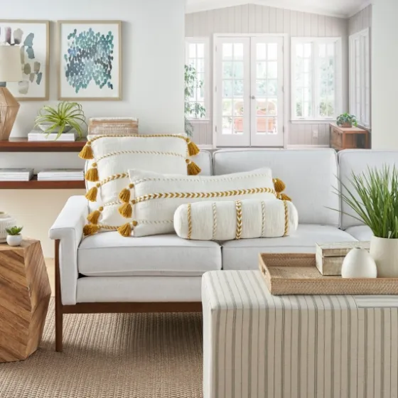 White And Mustard Braided Stripe Lumbar Pillow-Kirkland's Home Online