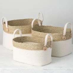 White And Natural Seagrass Woven Baskets, Set Of 3-Kirkland's Home Shop