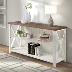 White And Rustic Oak Wood Farmhouse Console Table-Kirkland's Home Store