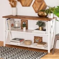 White And Rustic Oak Wood Farmhouse Console Table-Kirkland's Home Store