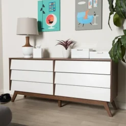 White And Walnut Mid-Century 6-Drawer Dresser-Kirkland's Home Outlet