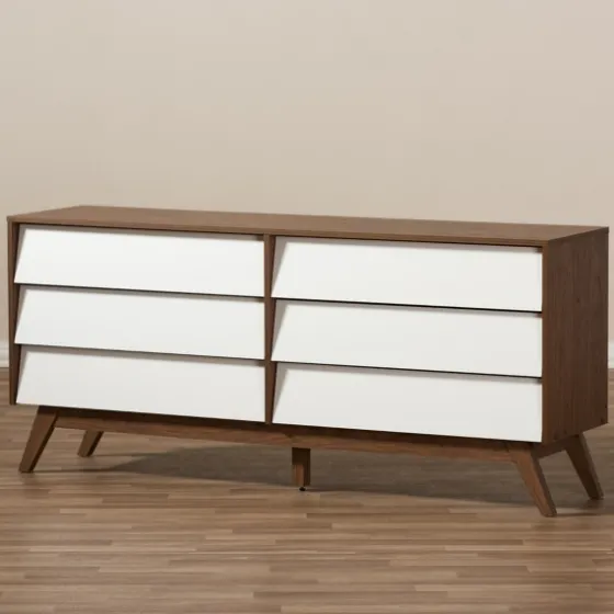 White And Walnut Mid-Century 6-Drawer Dresser-Kirkland's Home Outlet