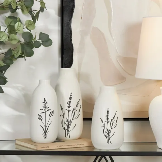White Ceramic Botanical Print Vases, Set Of 3-Kirkland's Home Sale