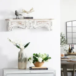 White Distressed Carved Wood Acanthus Wall Shelf-Kirkland's Home Outlet