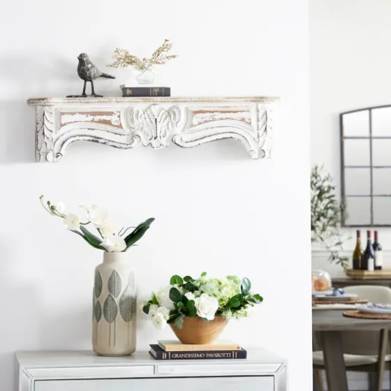 White Distressed Carved Wood Acanthus Wall Shelf-Kirkland's Home Outlet