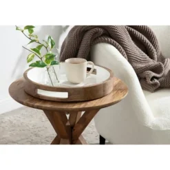 White Enameled Round Mango Wood Tray-Kirkland's Home Clearance