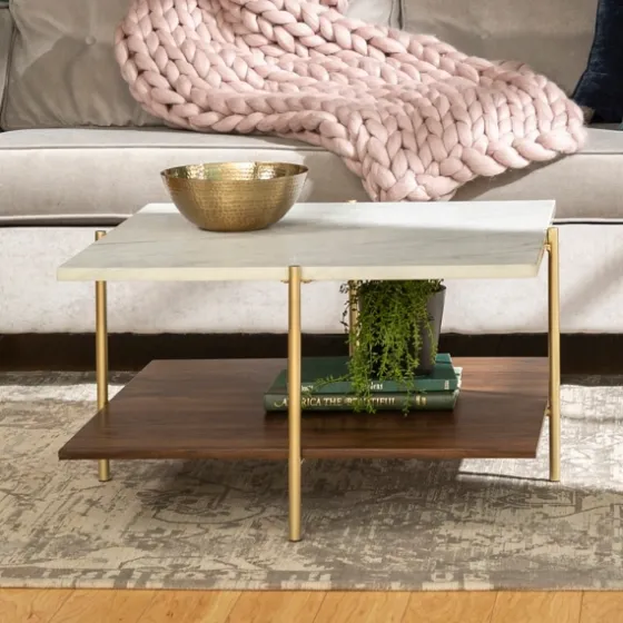 White Faux Marble And Brown Wood Coffee Table-Kirkland's Home Sale