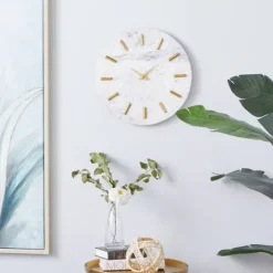 White Marble And Gold Accent Wall Clock, 15 In.-Kirkland's Home Clearance