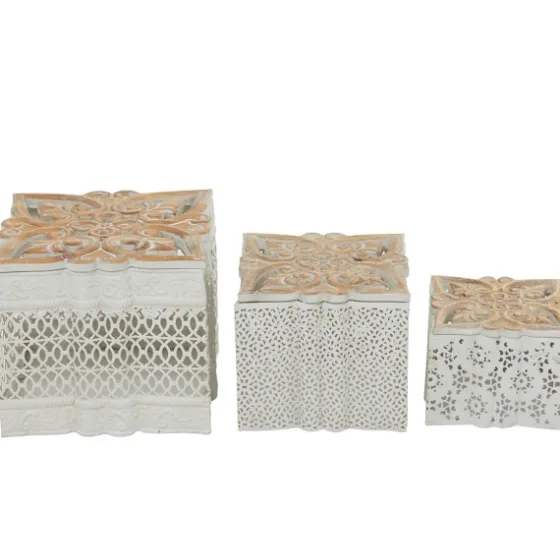 White Metal And Carved Wood Boxes, Set Of 3-Kirkland's Home Sale
