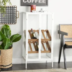 White Metal And Natural Wood 2-Door Bar Cabinet-Kirkland's Home Store