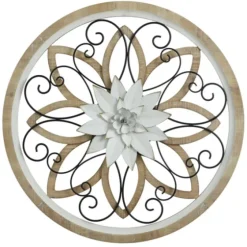White Metal And Wood Floral Round Wall Plaque-Kirkland's Home Shop