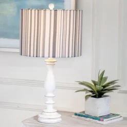 White Resin Table Lamp With Blue Stripe Shade-Kirkland's Home Best