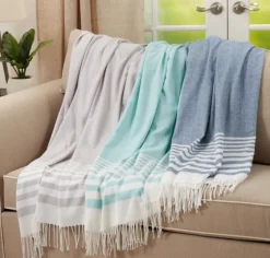 White Stripe Throw Blanket With Fringe-Kirkland's Home Cheap