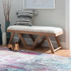 White Upholstered Seat And Tan Wood Bench-Kirkland's Home Best