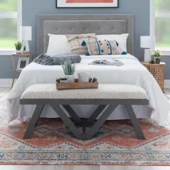 White Upholstered Seat And Blue Wood Bench-Kirkland's Home Flash Sale