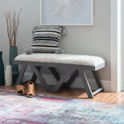 White Upholstered Seat And Blue Wood Bench-Kirkland's Home Flash Sale