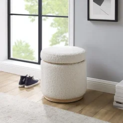 White Upholstered Wood Trim Ottoman-Kirkland's Home Best Sale