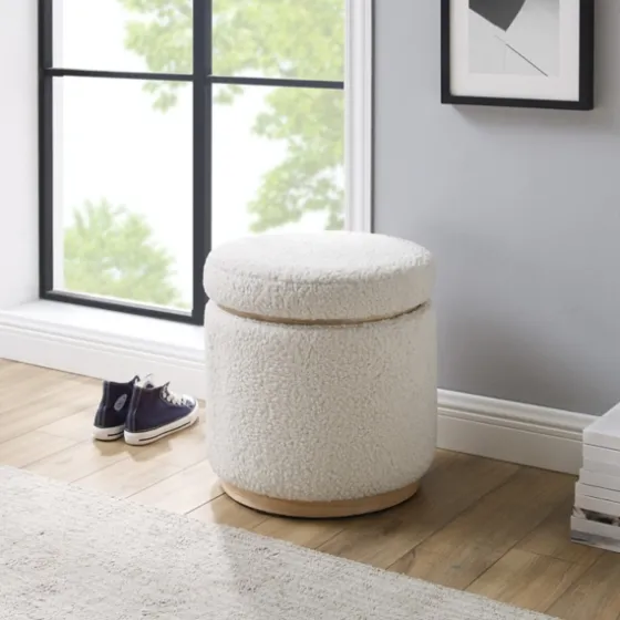 White Upholstered Wood Trim Ottoman-Kirkland's Home Best Sale