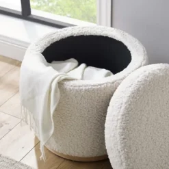 White Upholstered Wood Trim Ottoman-Kirkland's Home Best Sale