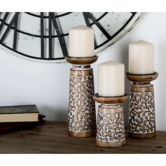 White Washed Botanical Candle Holders, Set Of 3-Kirkland's Home Outlet