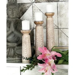 White Washed Floral Wood Candle Holders, Set Of 3-Kirkland's Home Clearance