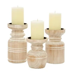 White Washed Wood Carved Candle Holders, Set Of 3-Kirkland's Home Flash Sale