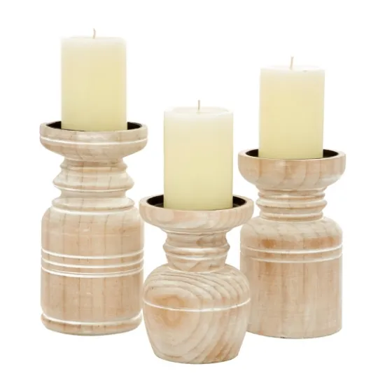 White Washed Wood Carved Candle Holders, Set Of 3-Kirkland's Home Flash Sale