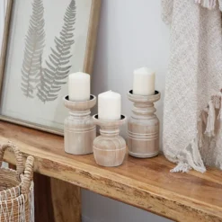 White Washed Wood Carved Candle Holders, Set Of 3-Kirkland's Home Flash Sale