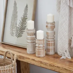 White Washed Wood Column Candle Holders, Set Of 3-Kirkland's Home Sale