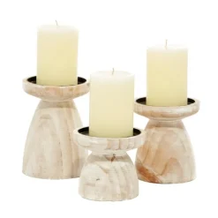 White Washed Wood Cone Candle Holders, Set Of 3-Kirkland's Home Fashion