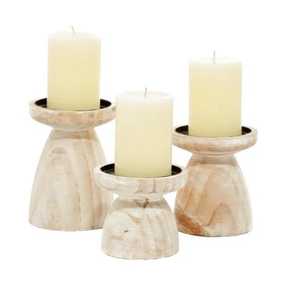 White Washed Wood Cone Candle Holders, Set Of 3-Kirkland's Home Fashion