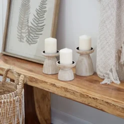 White Washed Wood Cone Candle Holders, Set Of 3-Kirkland's Home Fashion