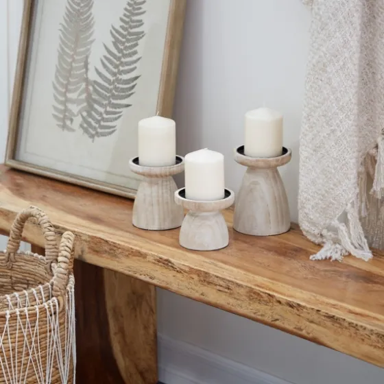 White Washed Wood Cone Candle Holders, Set Of 3-Kirkland's Home Fashion