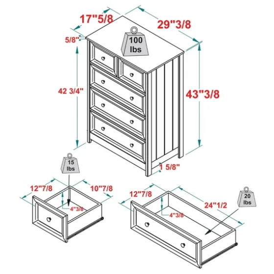 White Wood Five Framed Drawers Dresser-Kirkland's Home Outlet