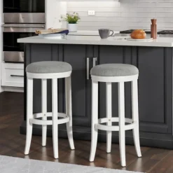 White Wood Linen Upholstered 2-Pc. Bar Stool Set-Kirkland's Home Store