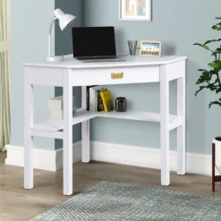 White Wood Single Drawer Corner Desk-Kirkland's Home Discount