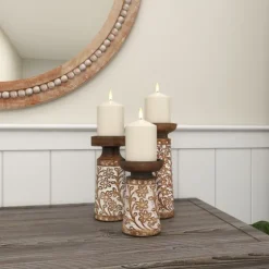 Whitewash Floral Mango Candlesticks, Set Of 3-Kirkland's Home Shop