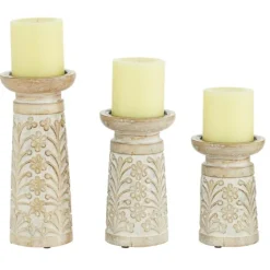 Whitewashed Brown Carved Candle Holders, Set Of 3-Kirkland's Home Discount