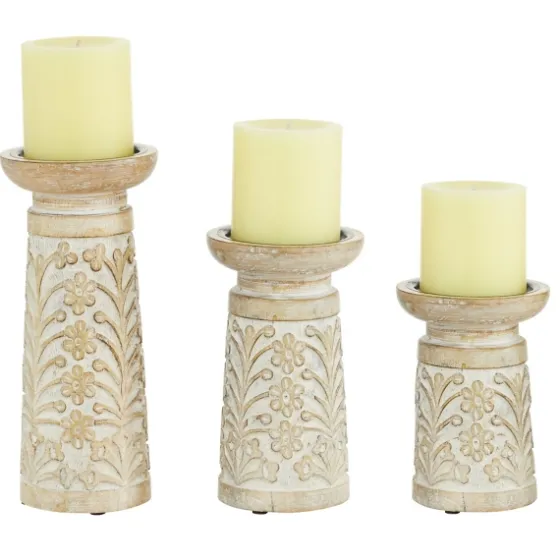 Whitewashed Brown Carved Candle Holders, Set Of 3-Kirkland's Home Discount