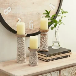 Whitewashed Brown Carved Candle Holders, Set Of 3-Kirkland's Home Discount