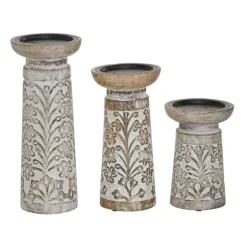 Whitewashed Brown Carved Candle Holders, Set Of 3-Kirkland's Home Discount