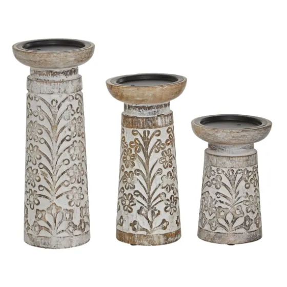 Whitewashed Brown Carved Candle Holders, Set Of 3-Kirkland's Home Discount