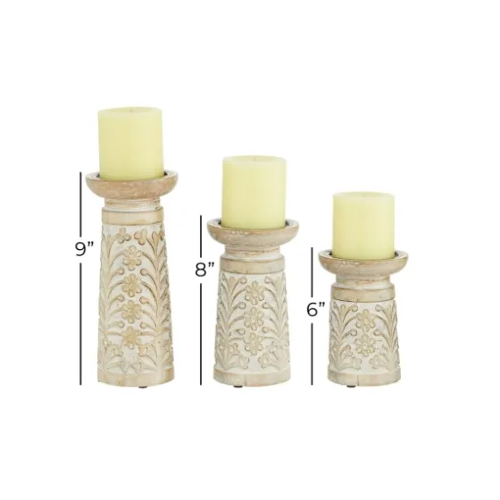 Whitewashed Brown Carved Candle Holders, Set Of 3-Kirkland's Home Discount
