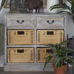 Whitewashed Cabinet With Rattan Baskets-Kirkland's Home Clearance
