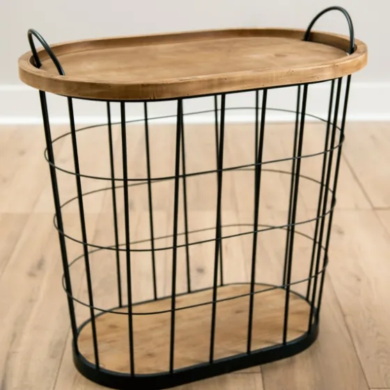 Wire And Natural Wood Basket Side Table-Kirkland's Home Sale