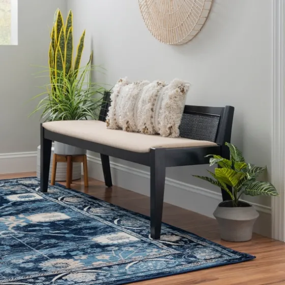 Wood And Cane Upholstered Bench-Kirkland's Home Discount
