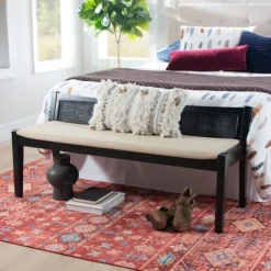 Wood And Cane Upholstered Bench-Kirkland's Home Discount