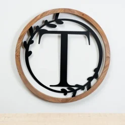 Wood And Metal Laurel Monogram T Plaque-Kirkland's Home Store